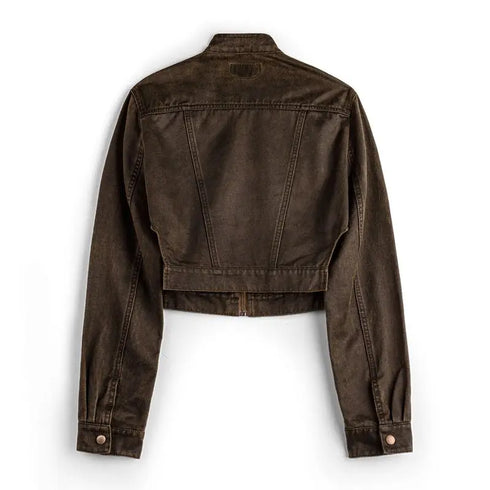 Brown denim jacket on a white background